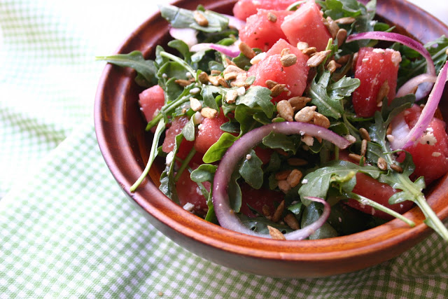 Watermelon and Arugula Salad with Toasted Sunflower Seeds